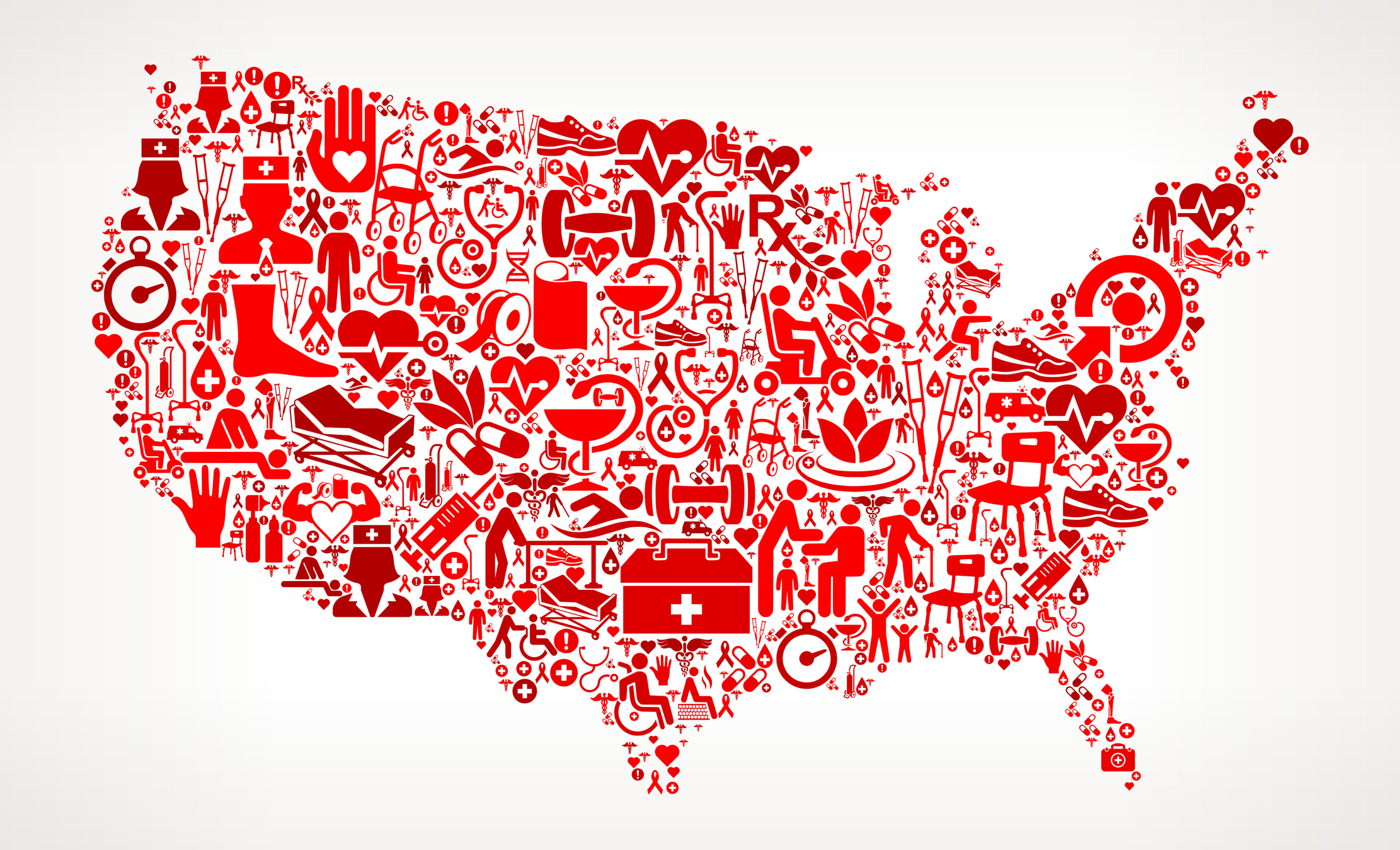 United States Map Medical Rehabilitation Physical Therapy. The medical and rehabilitation icons fill in the main object and form a seamless pattern. The individual icons vary in shade of the red color and scale. They are carefully arranged together and completely fill the outline of the main shape. The icons include such Medical Rehabilitation Physical Therapy icons as medical supplies, first aid kit, people and therapist images and many more icons.